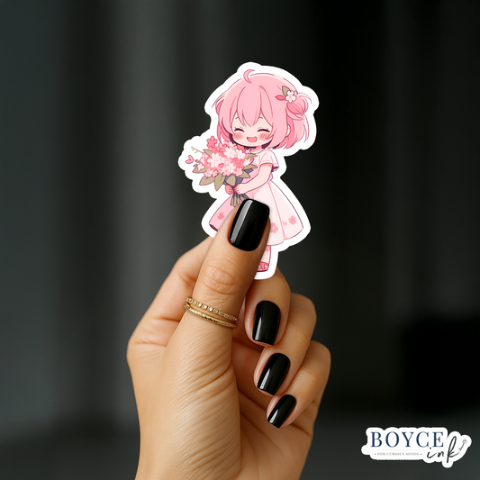 3" Sticker | Cute Chibi in Pink Dress with Flowers