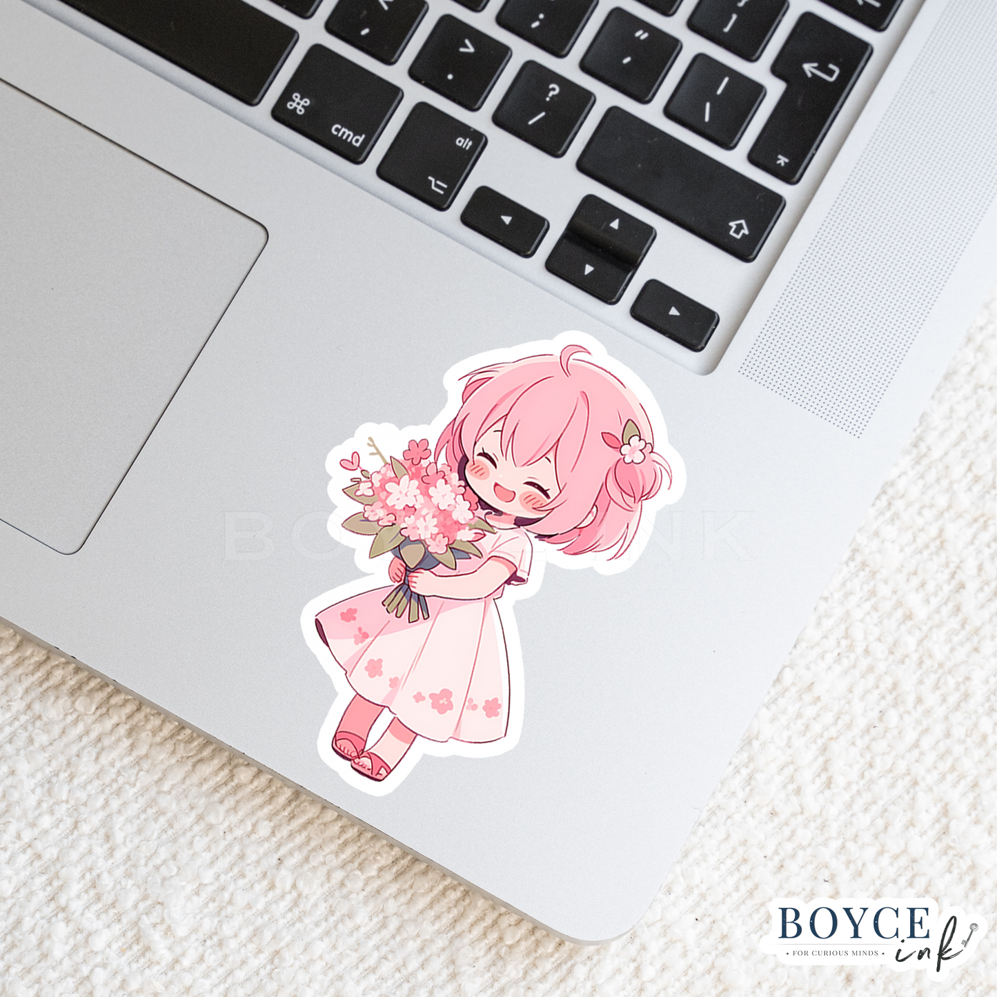 3" Sticker | Cute Chibi in Pink Dress with Flowers