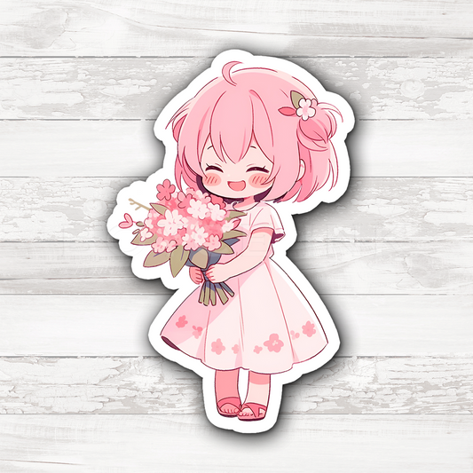 3" Sticker | Cute Chibi in Pink Dress with Flowers
