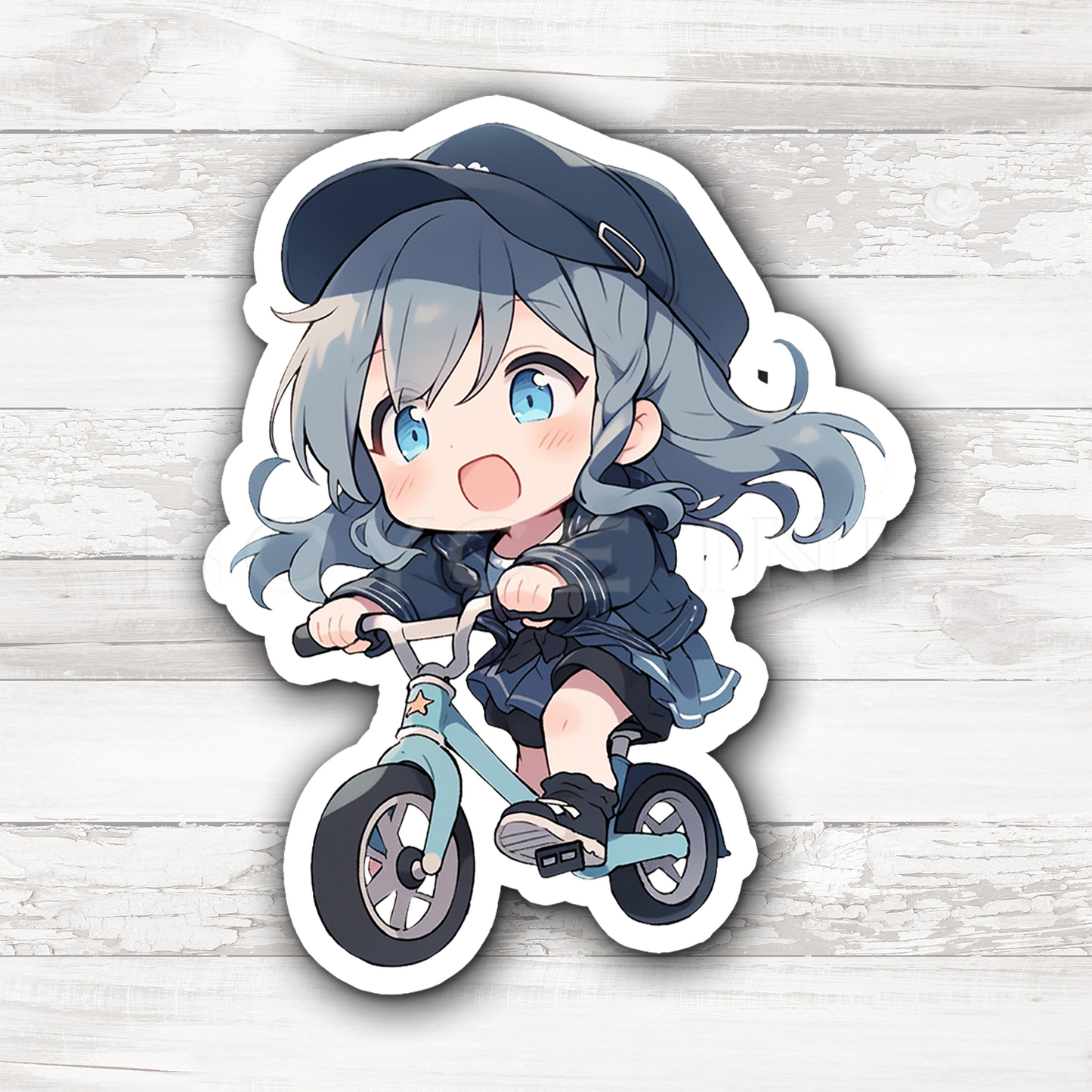 3" Sticker | Blue Chibi Girl on Bicycle