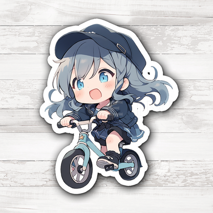 3" Sticker | Blue Chibi Girl on Bicycle
