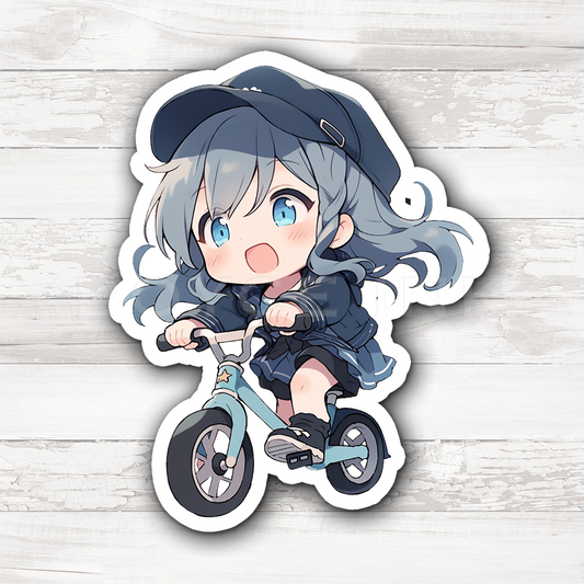 3" Sticker | Blue Chibi Girl on Bicycle