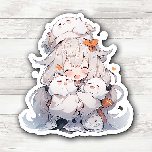 3" Sticker | "I Want Them All!" Cute Chibi Girl with Ghosts