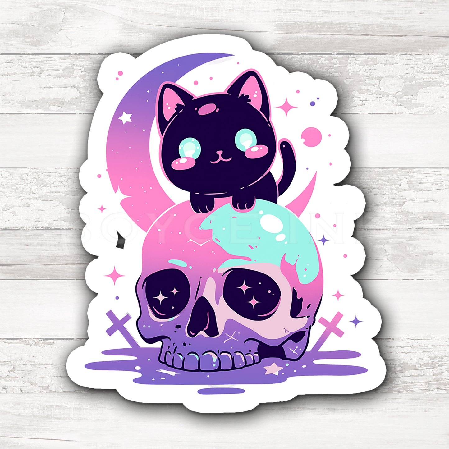 3" Sticker | Adorable Moon Cat with Skull