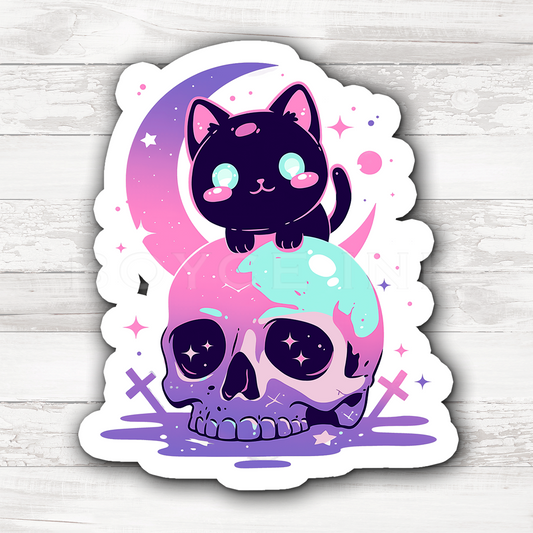 3" Sticker | Adorable Moon Cat with Skull