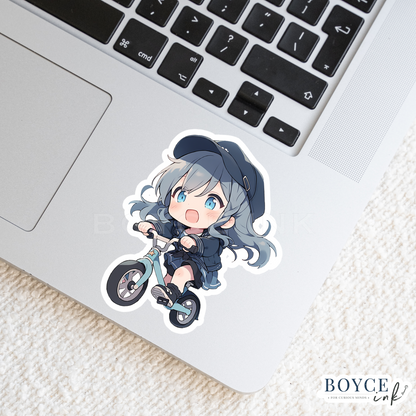 3" Sticker | Blue Chibi Girl on Bicycle